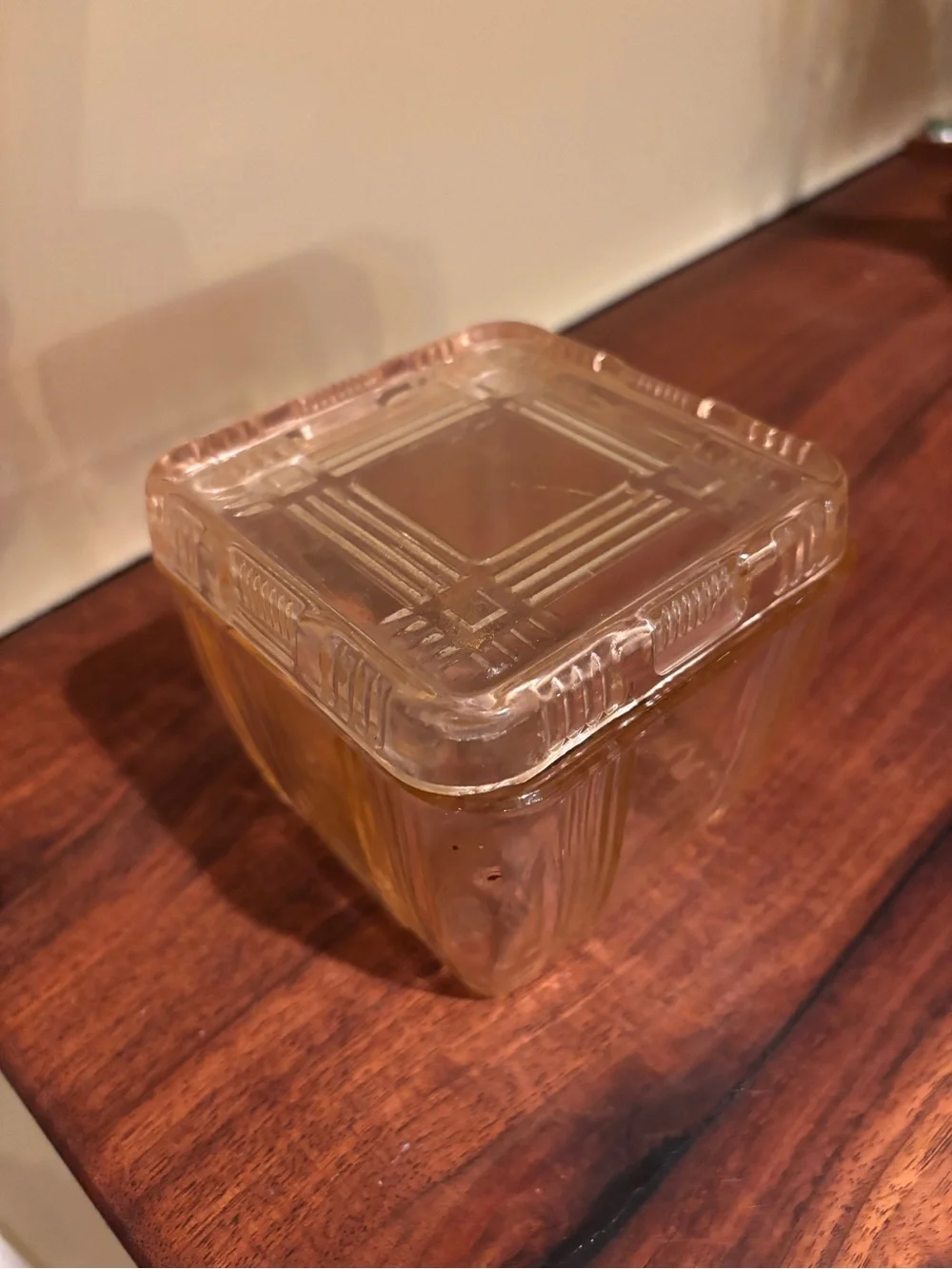 Vintage Hazel Atlas 4” Square Pink Criss Cross Refrigerator Dish with Lid